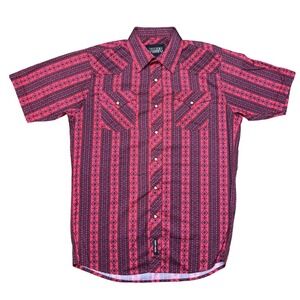 Rodeo Carte Mens Southwestern Pearl Snap Shirt Red Navy Short Sleeve Medium